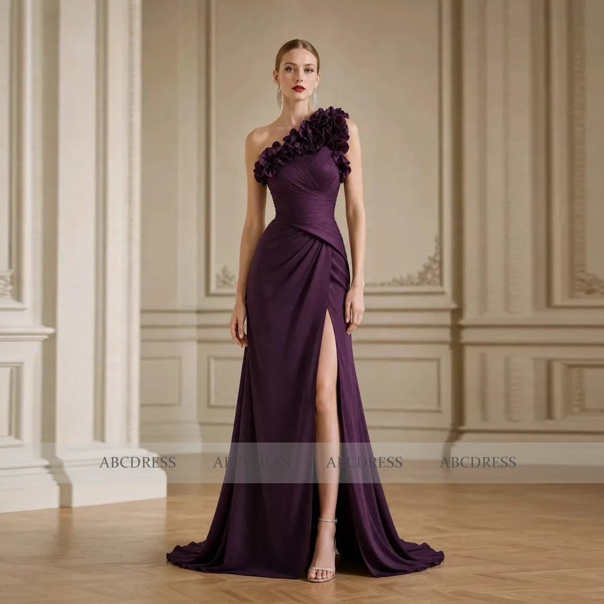 Customized One‑Shoulder Dark Purple Formal Evening Gown 3D Floral Applique Prom Party Dress Sweep Train Wedding Guest Dresses