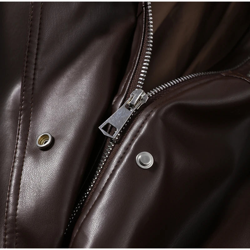 Belted Waist Stand Collar Women PU Jacket Drop Shoulder Long Sleeve Cuff Button Short Cropped Loose Faux Leather Jacket Commute