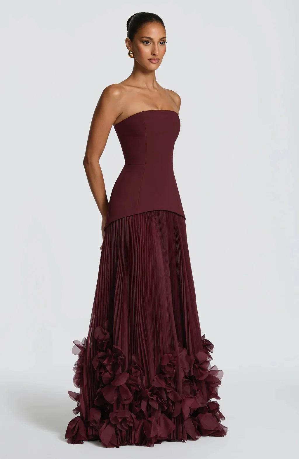 Sexy Lemon Strapless Corset Maxi Gown Sleeveless Corset Pleated Chiffon 3d Floral Hem Flowy Skirt Formal Evening Party Wear