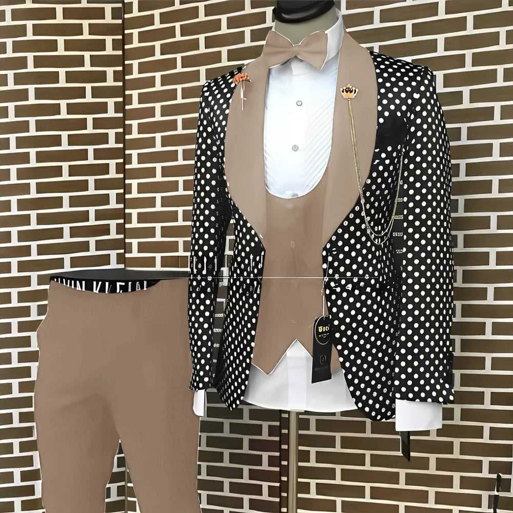 Spotted Men's Suit 3 Piece Set Wedding Groom Tuxedo Custom Slim Fit Blazer Pants Vest Men's Elegant Suit