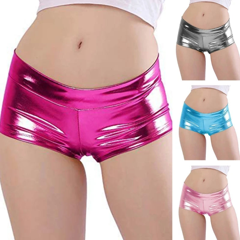 Women's Shining Metallic Booty Shorts Low Waist Dance Bottoms Faux Leather Hot Pants Dance Festival Costumes