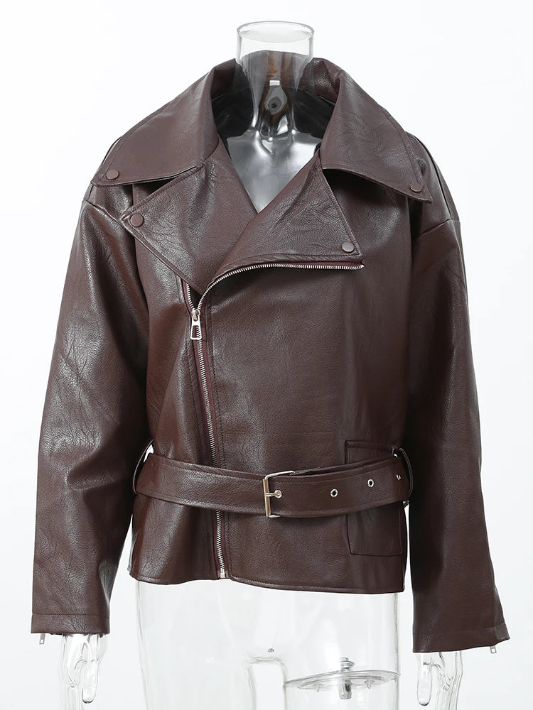 Women Chic Brown Leather Jacket With Belt Chic Full Sleeve Laple Zipper Short Coats 2026 Autumn New Ladies Street Biker Jackets