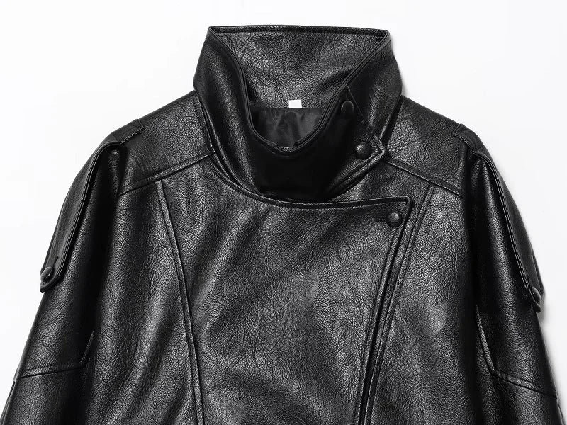 HXAO Women's Faux Leather Jacket Short Coat Black Bomber Jackets For Woman Loose Winter Outerwear High Neck Aviator Jackets