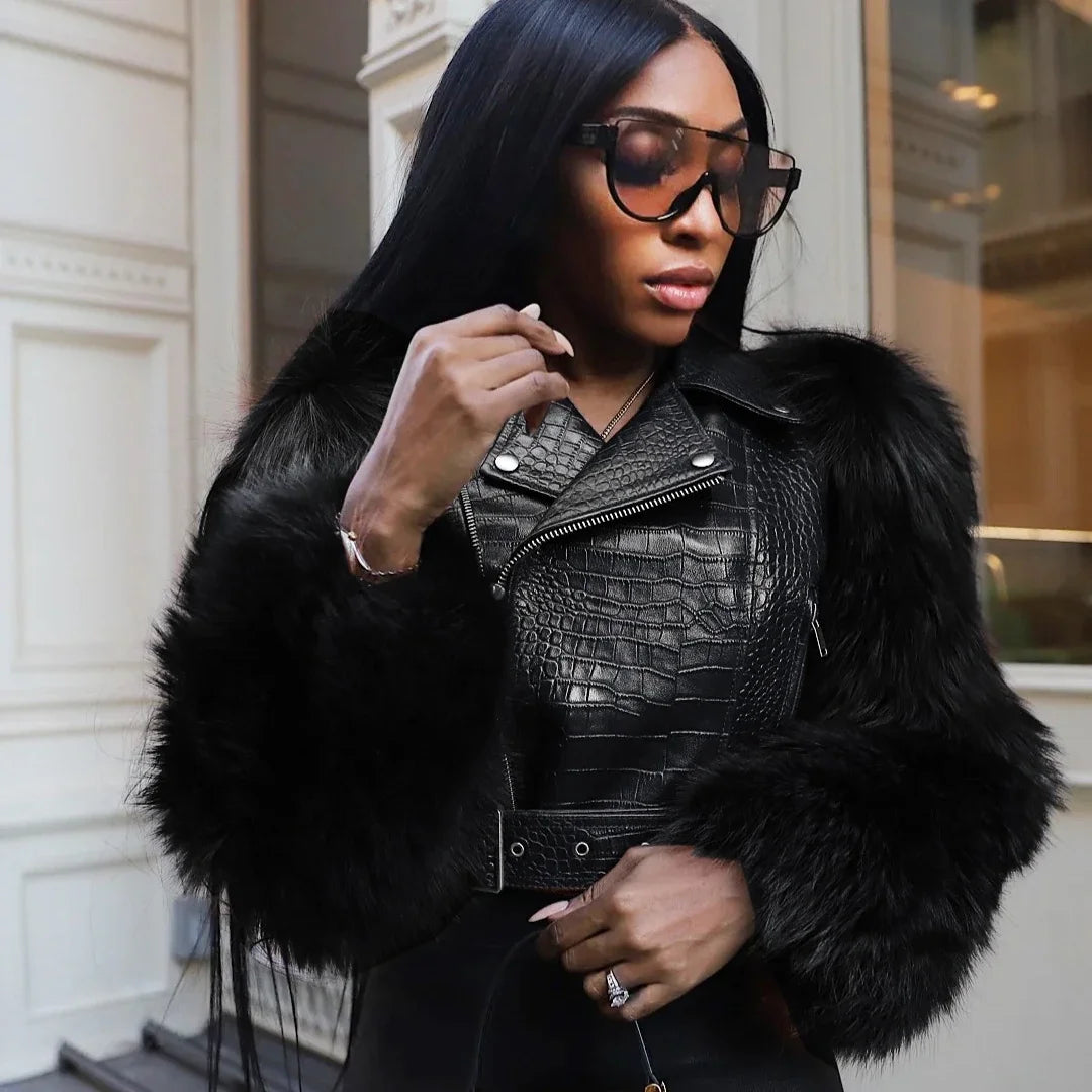 Leosoxs Winter New Sexy Fur Leather Patchwork Jacket for Woman Motorcycle Lapel Zipper Crop Coat  Female Streetwear Clothing