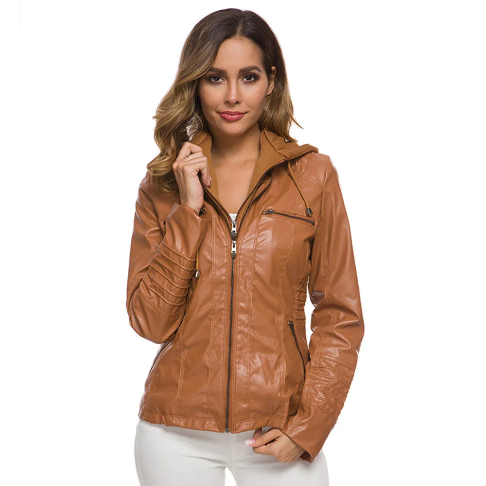 Faux Leather Jacket for Women, Female Winter Coat, Motorcycle Jacket, Faux Suede, PU Zipper Hoodies, Outerwear