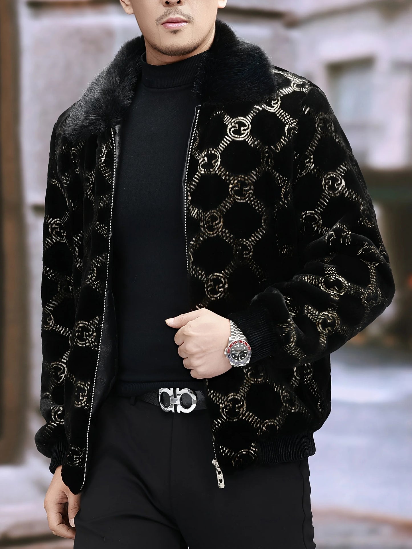 Winter Men's Warm Lapel Bronzing Printed Imitation Mink Jacket