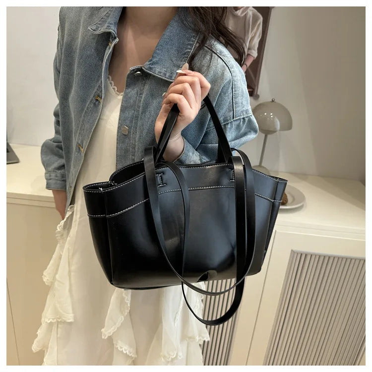 Solid Color Soft Leather Handbag Women Single Shoulder Tote Bag, Large Capacity Commuting Set Handbags Shopping Cross Body Bags