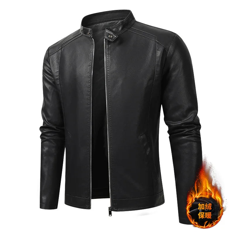 White and Red Patchwork Men's PU Jacket, Stylish Vintage Biker Faux Leather Coat, Available in Black or Brown.