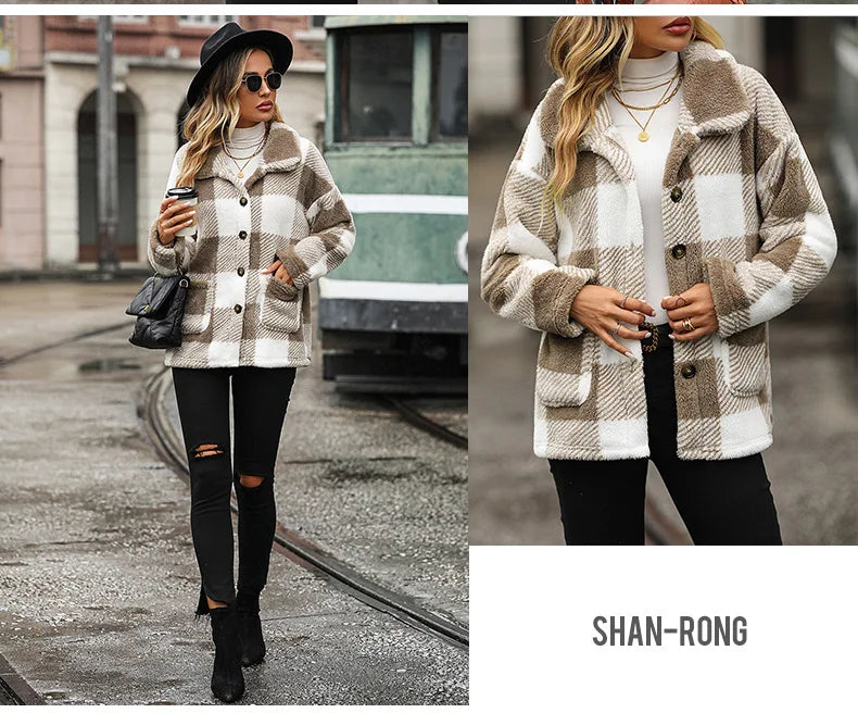 2026 Autumn Winter Long Sleeve Thick Jacket For Women Plush Warm Button Casual Coat Lady Elegant Loose Plaid Coat Female Clothes