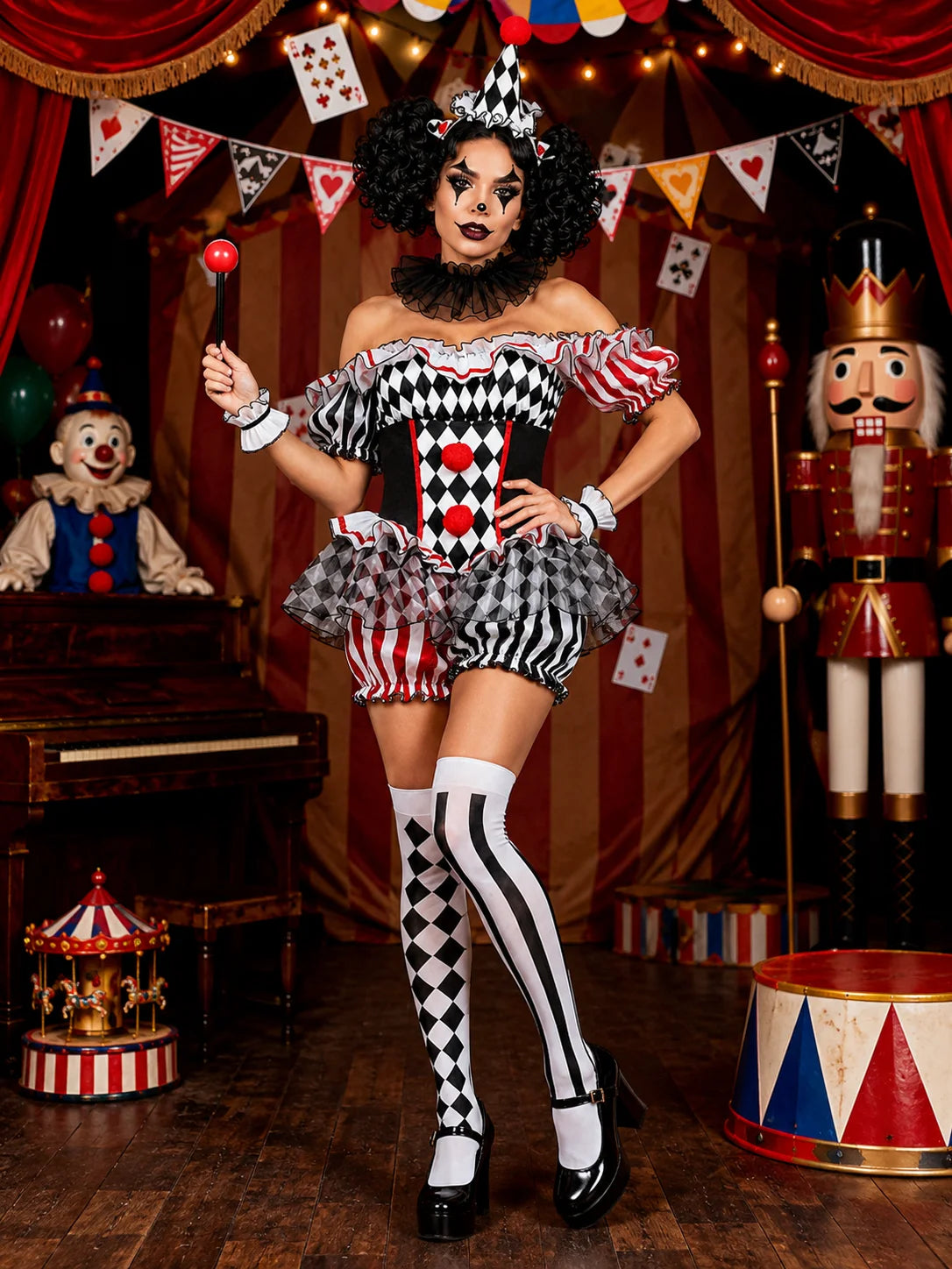 Women's Halloween Evil Clown Costume Sexy Circus Cosplay Off Shoulder Diamond Pattern Ruffled Bloomer Outfit with Hat Mesh Collar Wrist Cuffs Fancy Dress