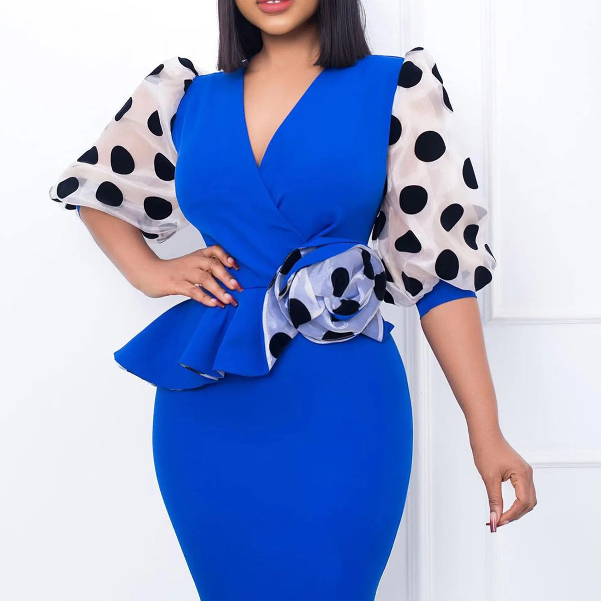 Elegant Dot Mesh Stitching V-neck Puff Sleeve Floral Appliques Bodycon Dress Women Ruffles Waist OL Even Party Dresses Vestidos