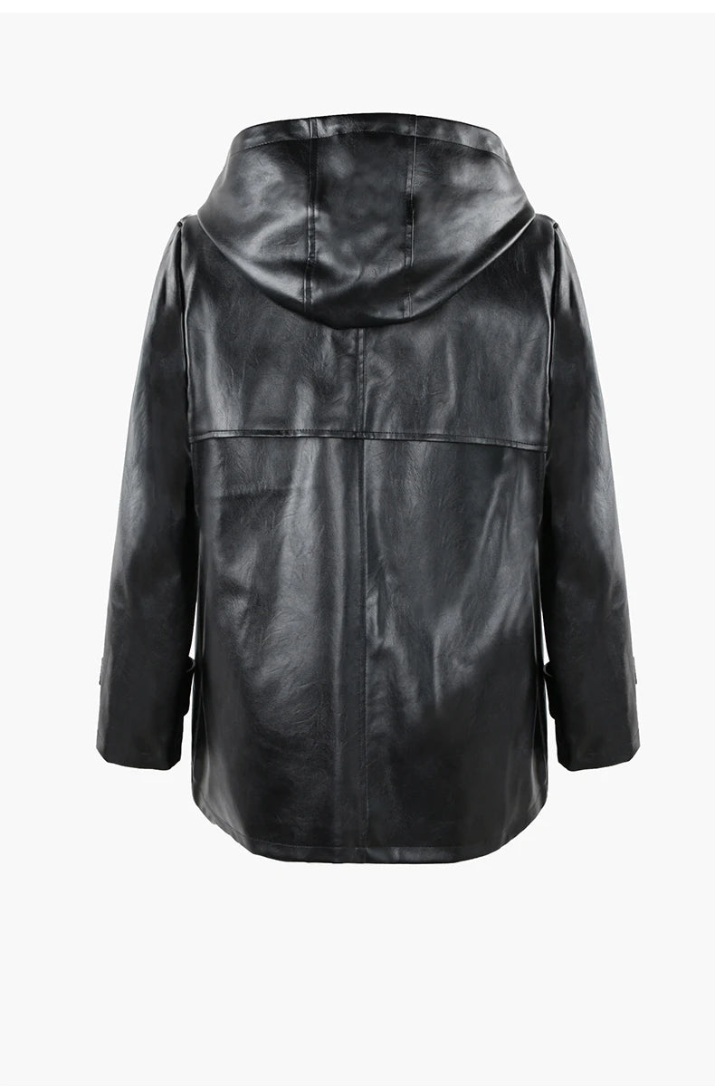 Nerazzurri Spring Autumn Black Waterproof Lightweight Soft Pu Leather Jacket Women with Hood Zipper Loose Casual Clothes 2023