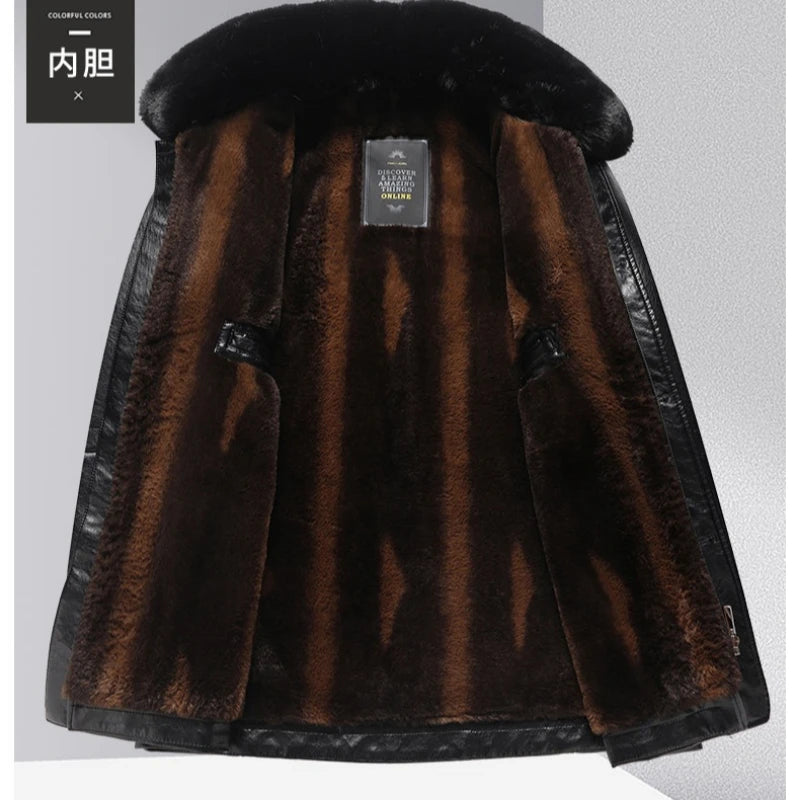 Leather Jacket Men Winter Jacket Men Medium Length Plush Thickened Leather Coat for Men Fur Collar Windbreaker for The Elderly
