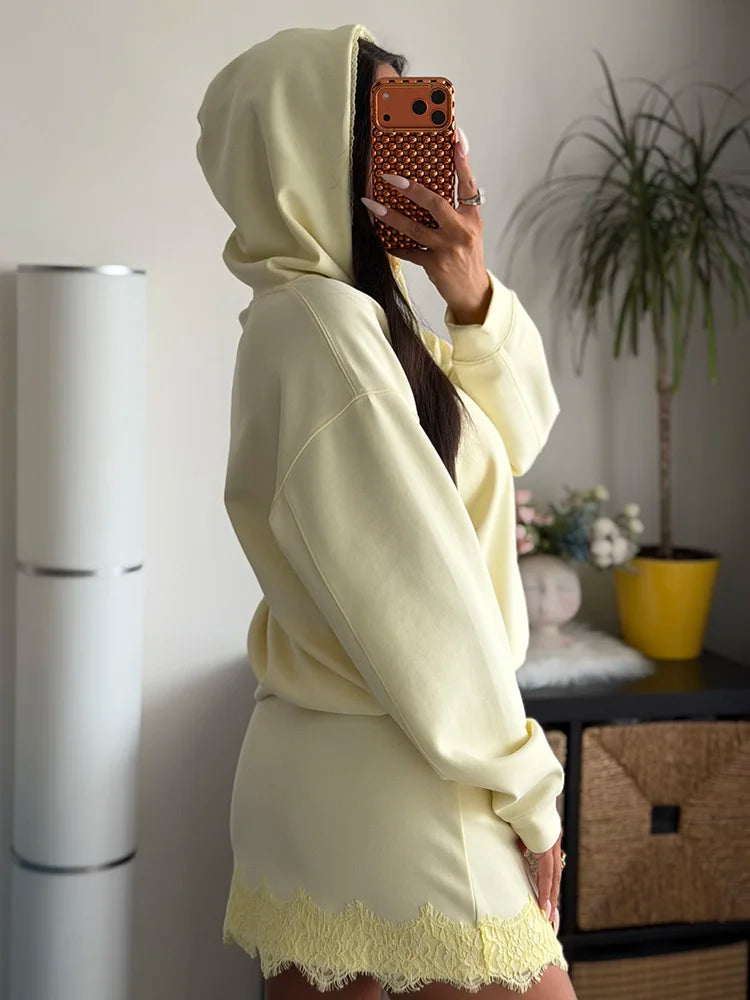 Streamgirl Brown Hoodies With Lace Women Oversize Plain Spring Elegant Butter Yellow Hooded Sweatshirts For Women Oversized