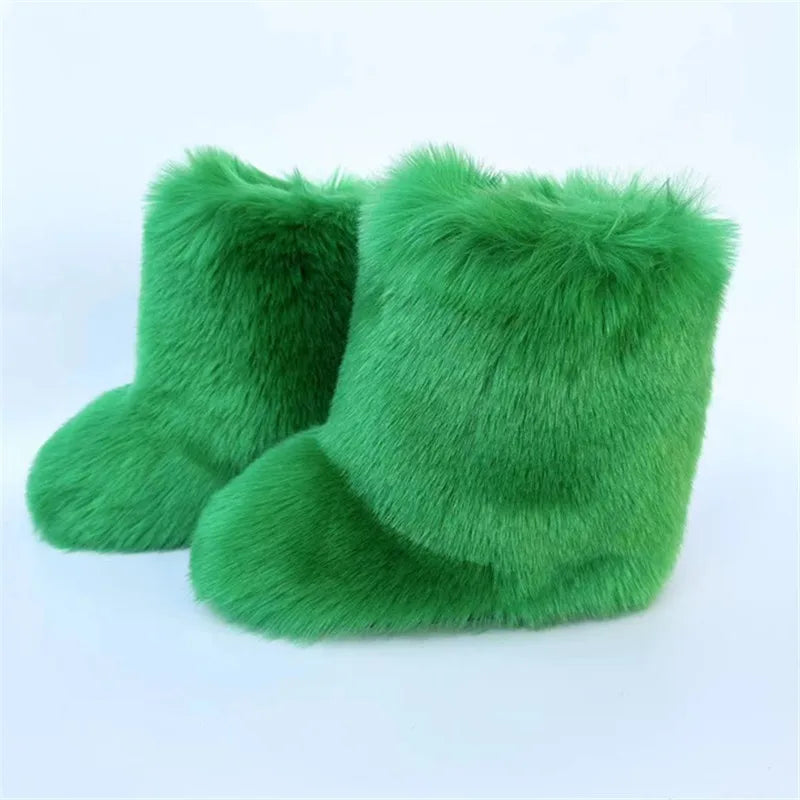 Cute High Quality Faux Raccoon Fox Fur Shibuya Gal Thickened Plus Size Mid-Calf Faux Fur Warm Winter Snow Boots for Women