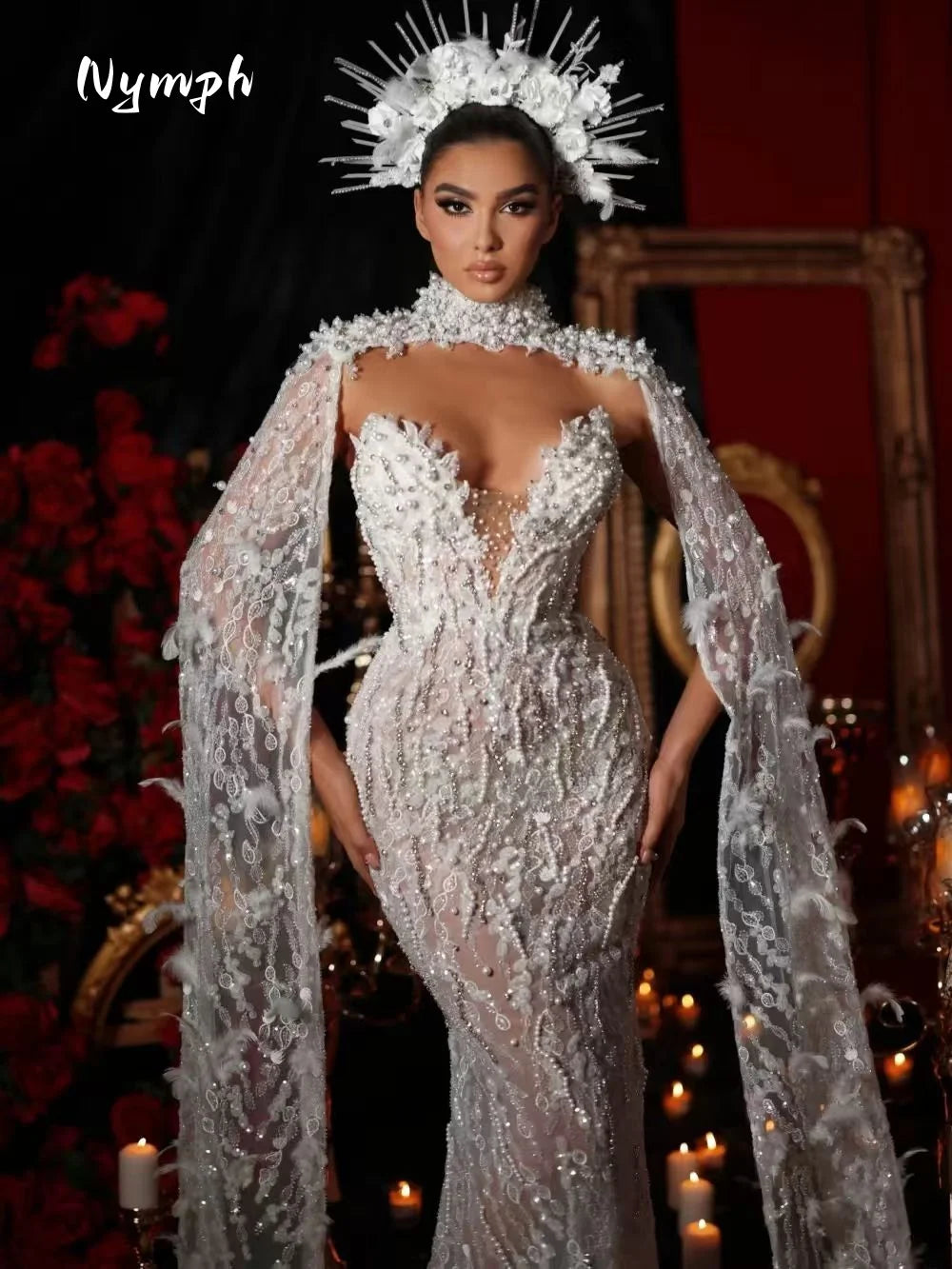 Customized Sexy Illusion Deep V-neck Bridal Dress Sparkly Sequins Pearls Wedding Gown Luxury Mermaid Bride RobeVestido De Novia