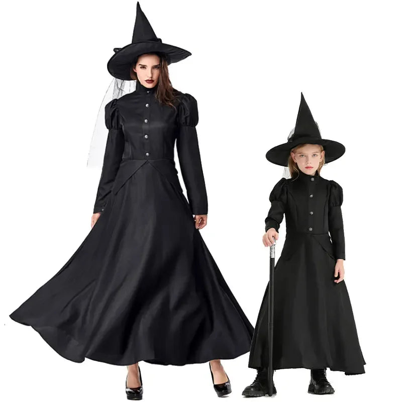 Halloween Wizard Cosplay Costume Kids Adult Halloween Women Deluxe Wicked Witch Costume Black Full Length Dress