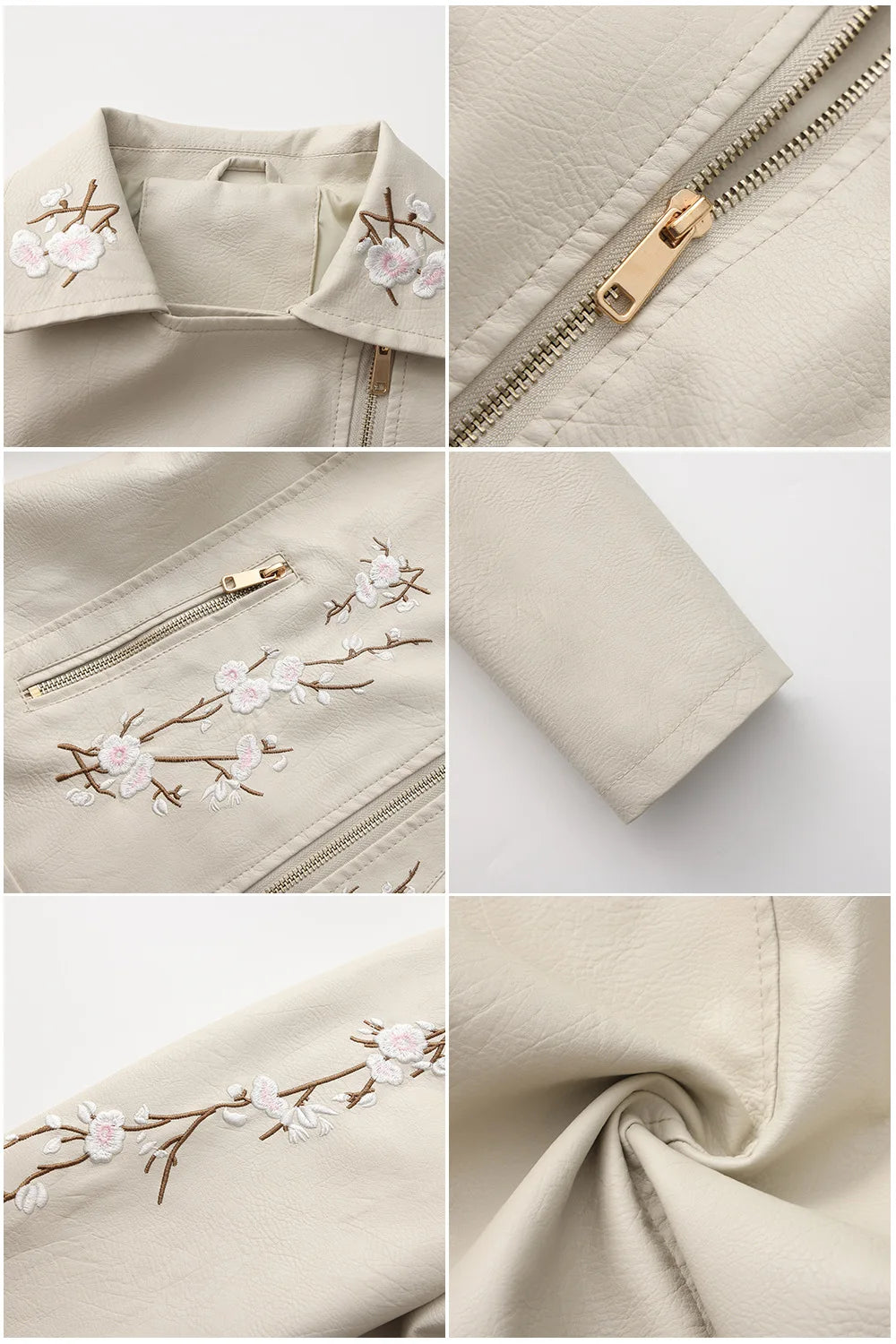 2026 New Women's Black Embroidered PU Jacket, Street-Style Brown Faux Leather Coat, Fashionable Beige Long Sleeves Top.