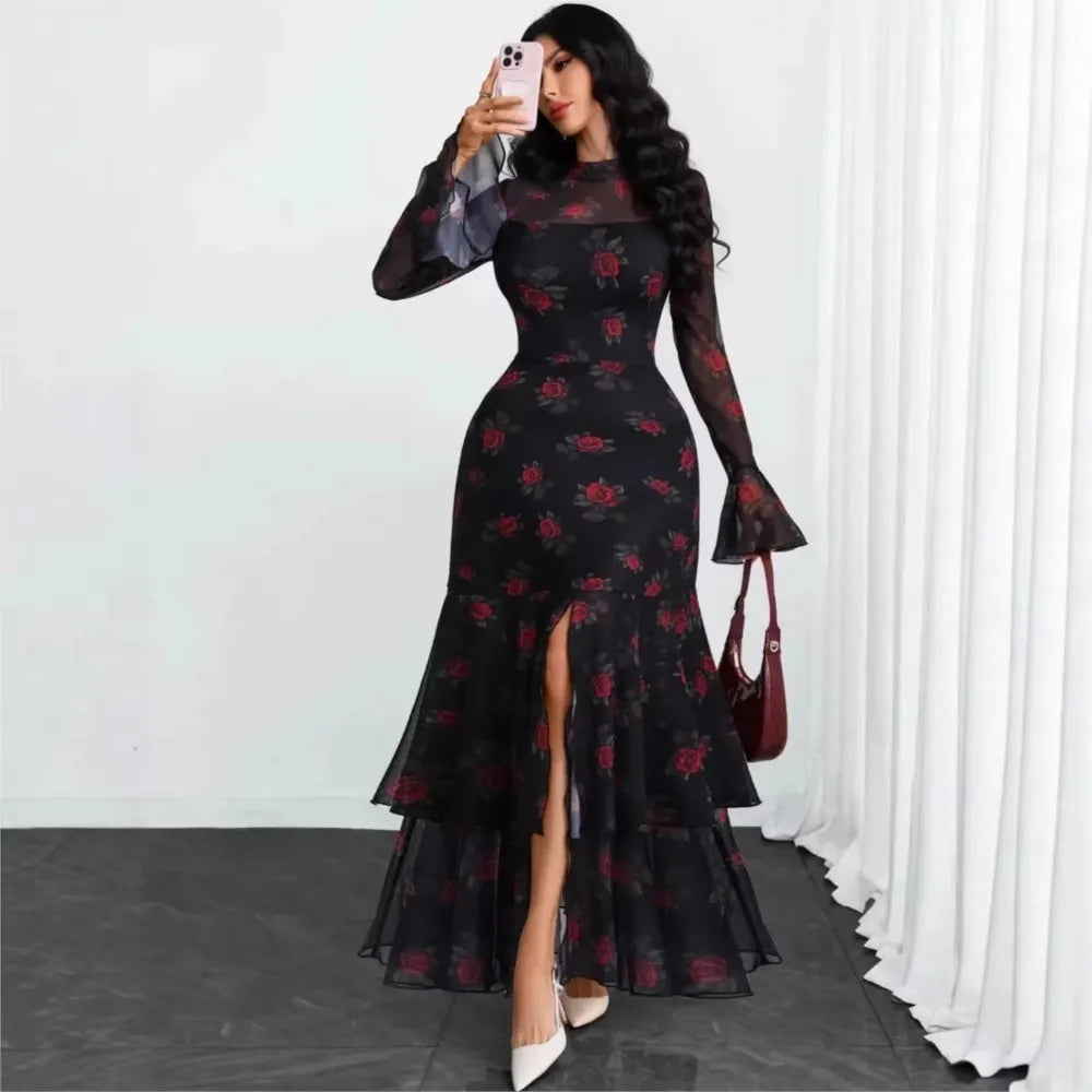 2026 Long Sleeves Evening Dress Dresses For Woman Party Wedding Temperament Sexy Slim Banquet Slit Printed Fashion Ruffles Slim