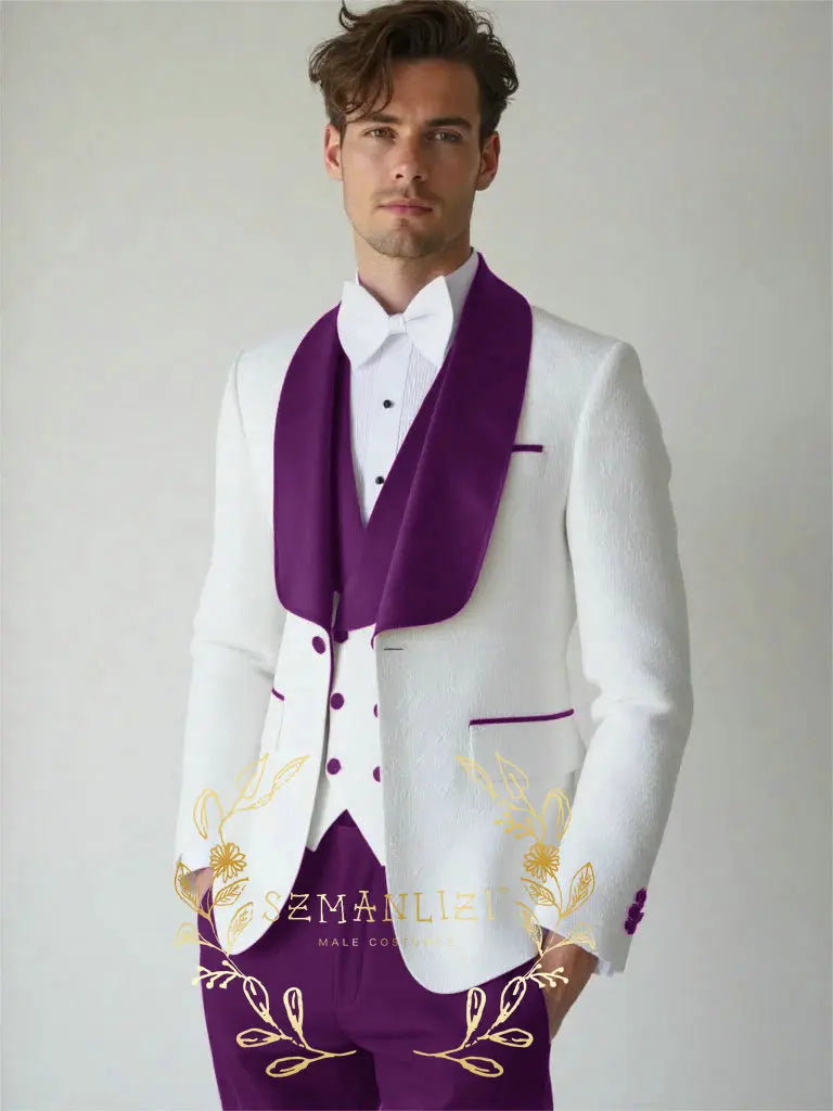 White Floral Wedding Men's 3-piece Suit Set (Jacket Pants Vest) Groom Tuxedo Formal Blazer Elegant Groomsmen Suit for Men