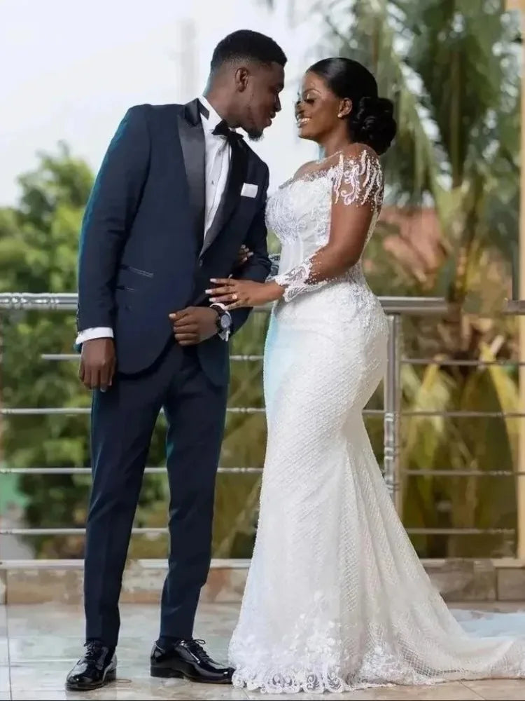 Custom 2026 New African Mermaid Wedding Dresses Elegant Sheer Long Sleeves Bridal Gowns O-neck Applique Second Reception Dress