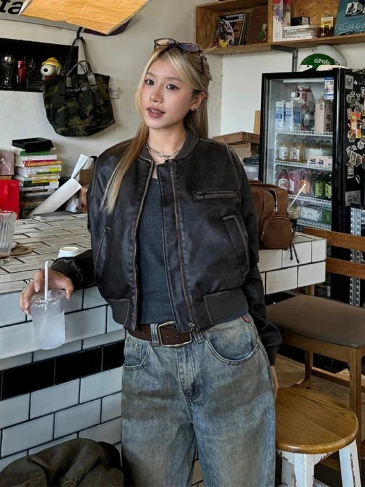 New in Autumn Winter Women High End Short Motorcycle Leather Jacket Women Top Retro Brown Loose Casual Coat Female Clothing