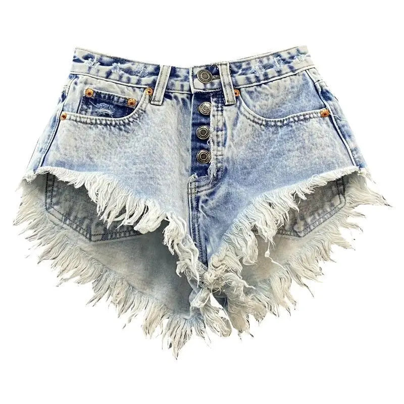 Fashion Denim Shorts Women's Streetwear Bar spicy girl A-line Wide leg Shorts Summer High waisted breasted Fringe Hot Pants