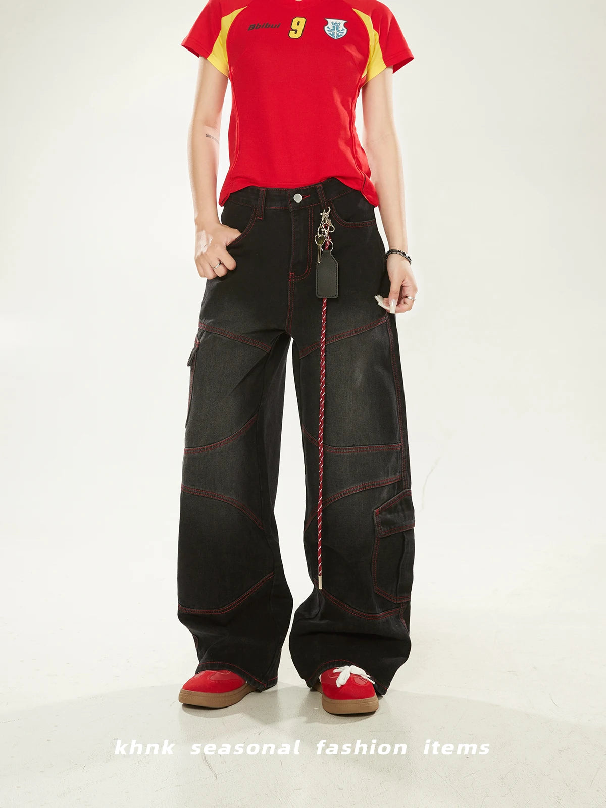 Washed Vintage American High Street Loose Women's Jeans with Patchwork And Stitching Design Casual Wide Leg Workwear Trousers