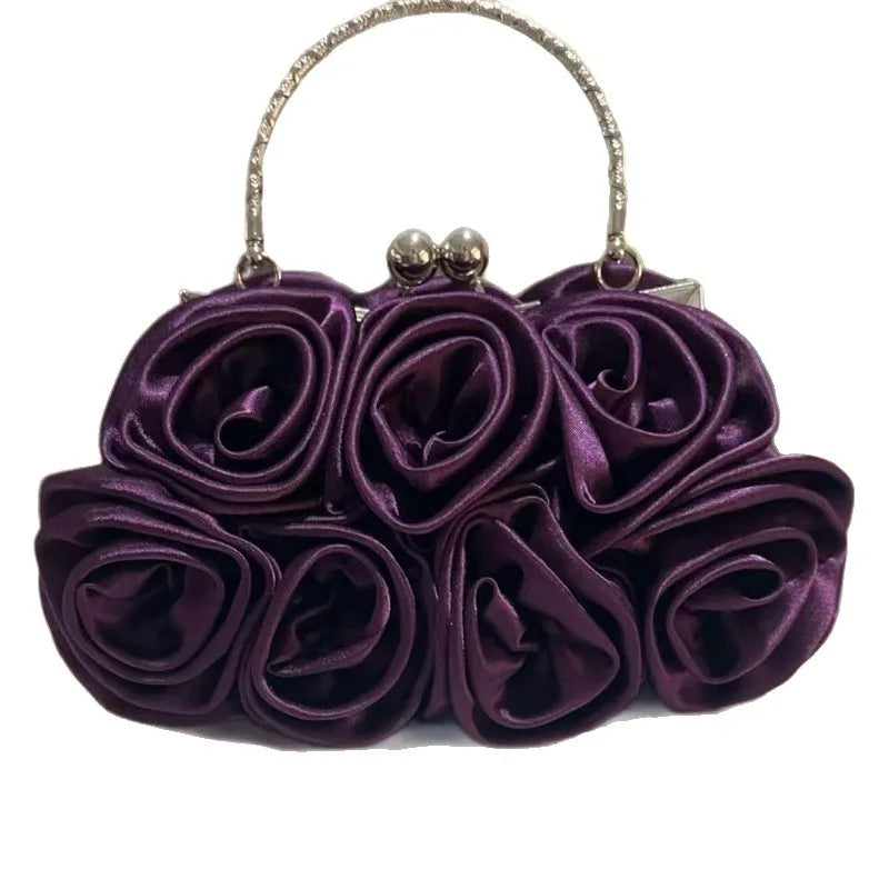Satin Flower Clutch Bags For Women Banquet Party Evening Bags Metal Handbags Retro Blue Silver Black Chain Shoulder Bag female