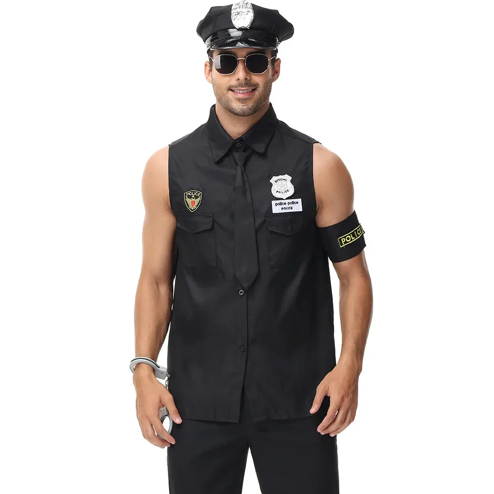 Halloween Costumes for Men America U.S. Police Dirty Cop Officer Costume Black Top Shirt Fancy Cosplay Clothing