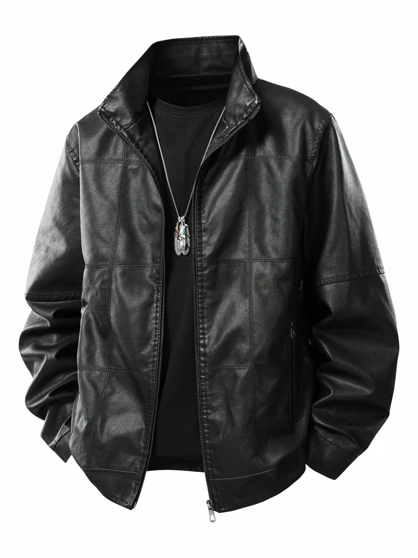 Men's Stand-Up Collar Leather Jacket, Simple and Versatile, Leather Material Gives a High-End Feel, Suitable for Office Commuting, Casual Gatherings with Friends, Autumn and Winter Styling, Street Wear, Leisure and Relaxation