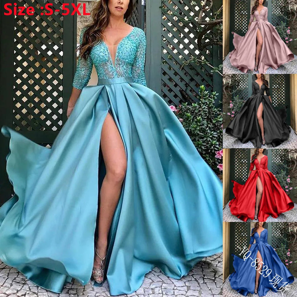 New 2026 Women's Sequins Beads Prom Dress Big Swing Sexy V-neck Trailing Banquet Wedding Evening Dress Ladies Vestidos De Fiesta