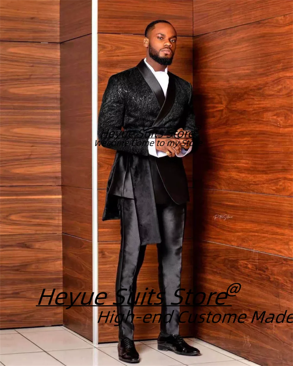 Customized Black Jacquard Shawl Lapel Jacket Pant Cape Groom Wedding Tuxedos Luxuly Male Prom Party Blazers Handsome Ropa Hombre