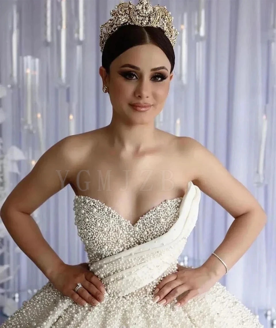 Dubai Wedding Dresses Ball Gown Luxury Pearls Beading Sweetheart Princess Bride Gowns Plus Size Vestido De Noiva Customzied