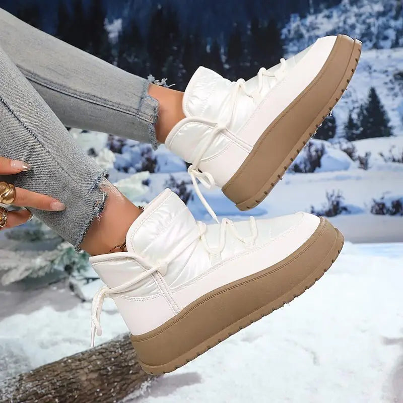 Comfort Platform Waterproof Snow Boots Women 2026 Winter Lace Up Decoration Thick Bottom Moon Boots Women Plush Short Booties