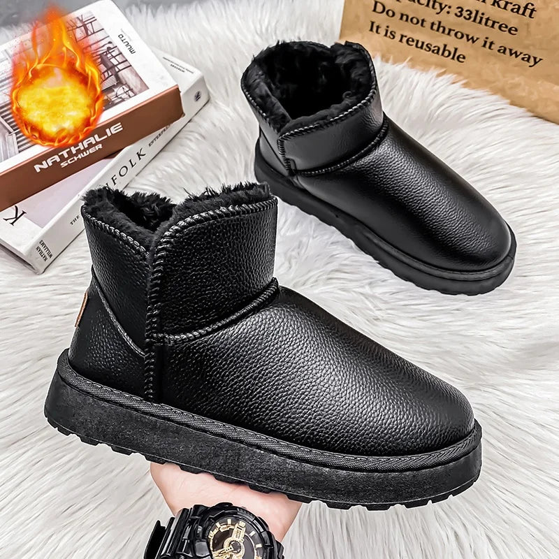 Couple Style Men's and Women's High-Top Leather Waterproof Snow Boots Plus Velvet Warm Boots and Cotton Shoes