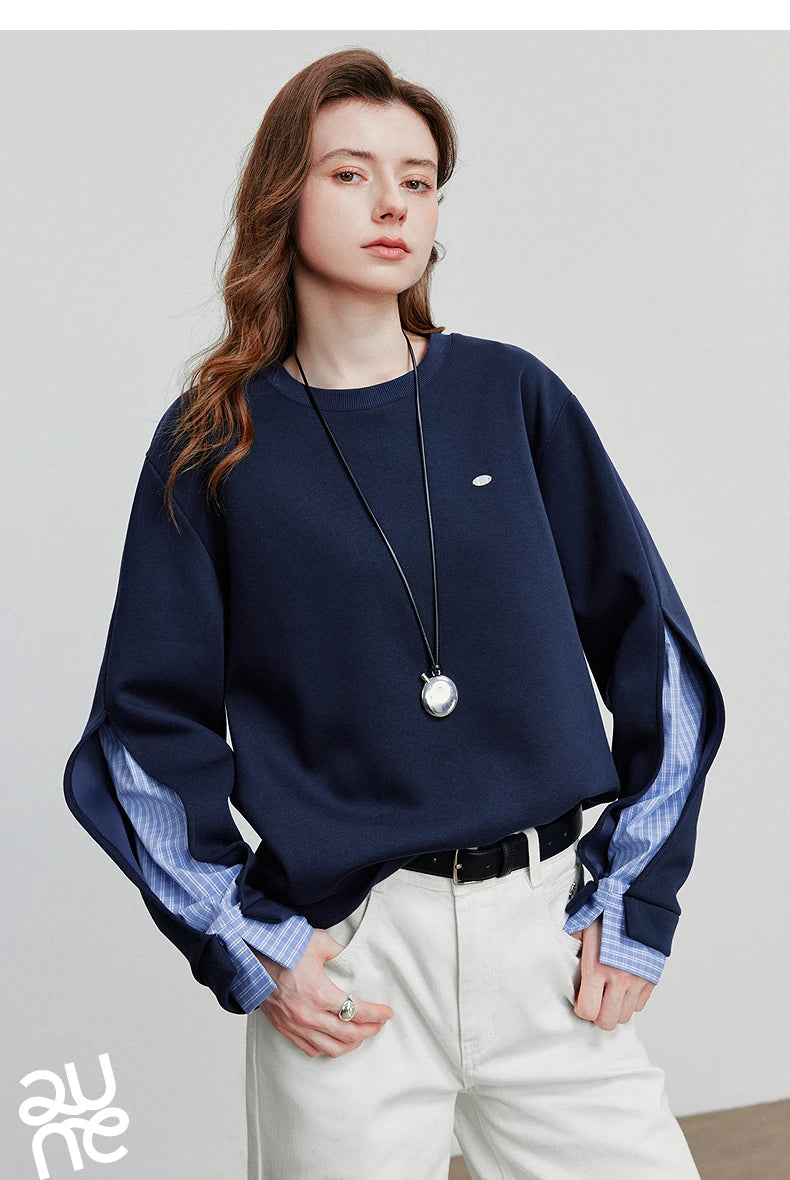 TOYOUTH Women Hoodies Sweatshirt 2025 Autumn New Patchwork Design Round Neck Long Sleeve Pullover Casual Tops