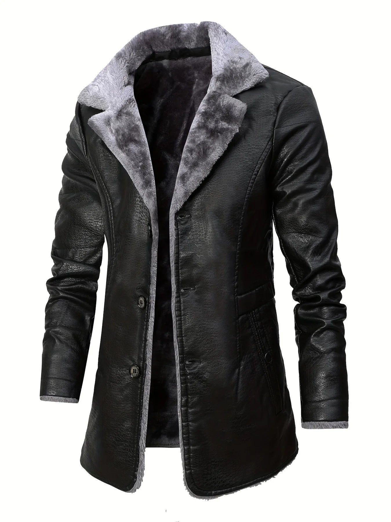 Men's Medium and Long PU Leather Jacket, Business Velvet Lapel Blazer, Single-Breasted Vintage Design Jacket
