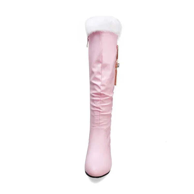 Winter Warm Knee High Boots Women Platform Wedges High Heels Snow Boots Slip on Winter Ladies Shoes White Black Pink 2025