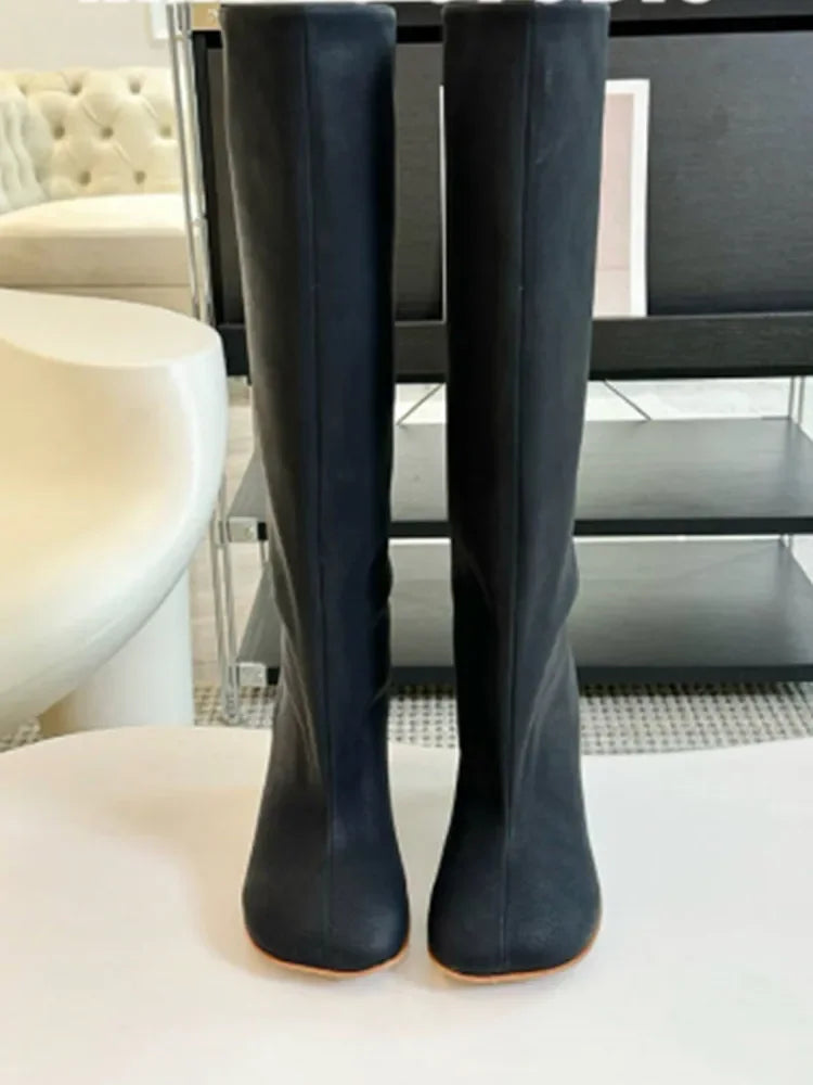 2025Women's Autumn and Winter New Slim Fit High Heels Knee High Boots Fashionable Plus Size Medium Long Boots Knight Boots