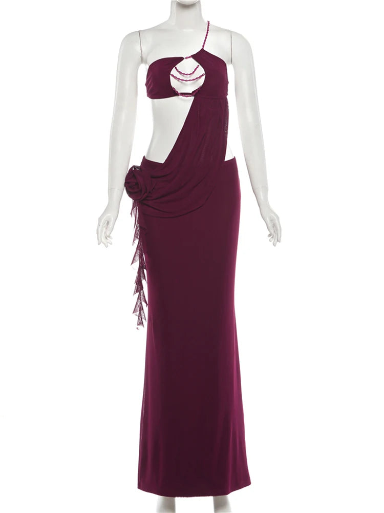 Nibber Birthday Party Dress Women Sexy Patchwork Hollow Side Flowers Chest Wrap Pearl Chain Halter Backless Stretch Vestidos