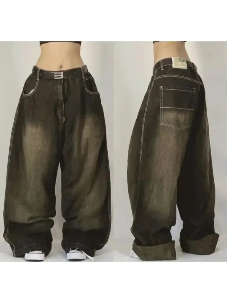 New Jeans Female Y2K American Harajuku Retro Washed Loose Jeans Street Fashion Casual Gothic High Waist Pants For Men and Women