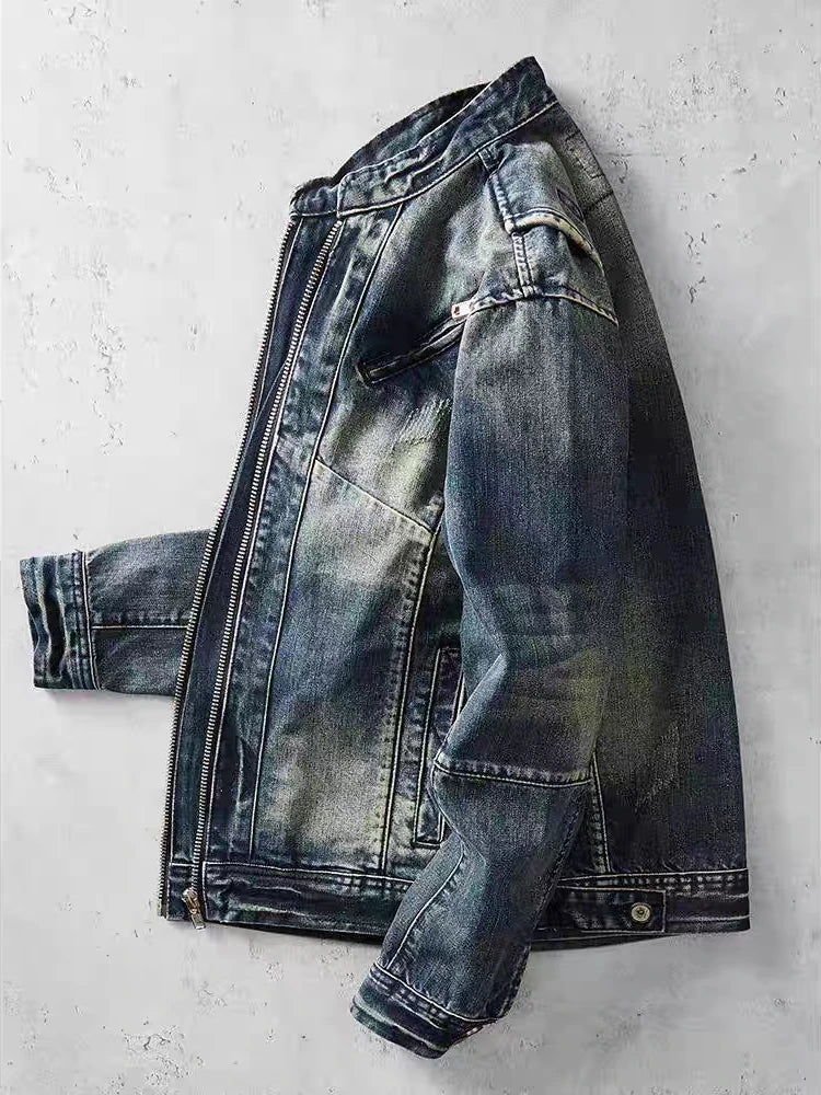 Men's Retro Denim Jacket Casual Oversized Stand Up Collar Zippered Jacket Cycling Motorcycle Coat Trend Loose Fit Top