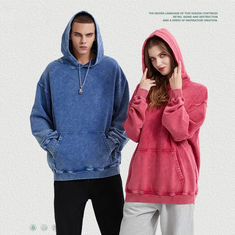 2024 Autumn Winter Men 420gsm Hoodies Streetwears High Street Heavy Weight Washed Cotton Sweatshirts Brand Tracksuit