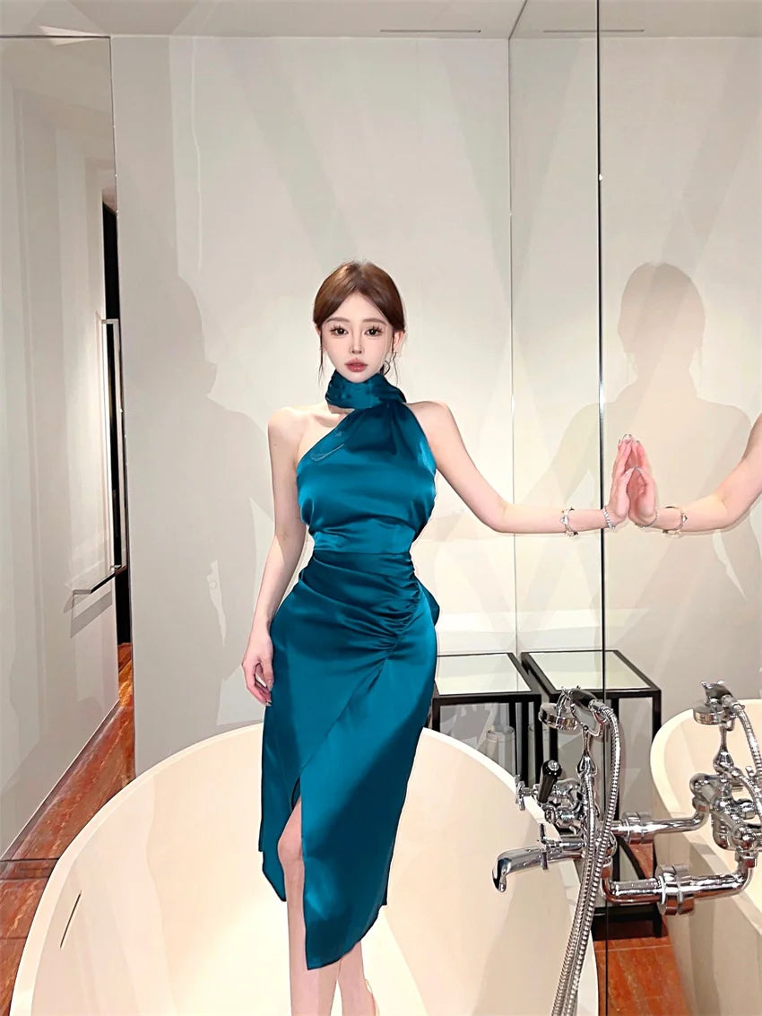 Summer Korean Fashion Sexy Club Robe Women's Sleeveless Irregular High-slit Bodycon Dress Elegant High End Party Evening Dress