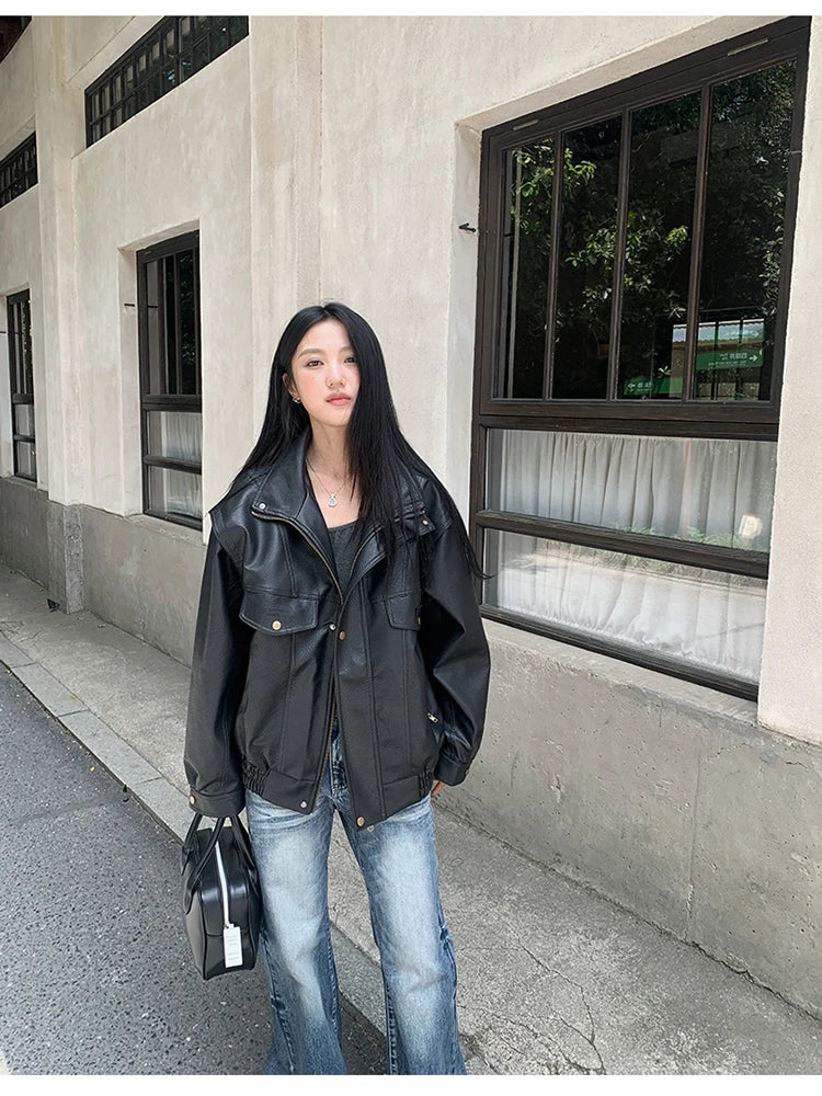 Lautaro Spring Winter Cool Oversized Thicken Warm Black Hard Pu Leather Jacket Women Long Sleeve High Quality American Clothing