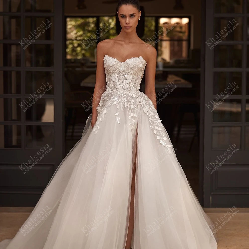 Gorgeous Wedding Dresses A Line Tulle Tiered Bridal Gowns Sexy Strapless Backless Robes Glamorous Vestidos De Novia Customized
