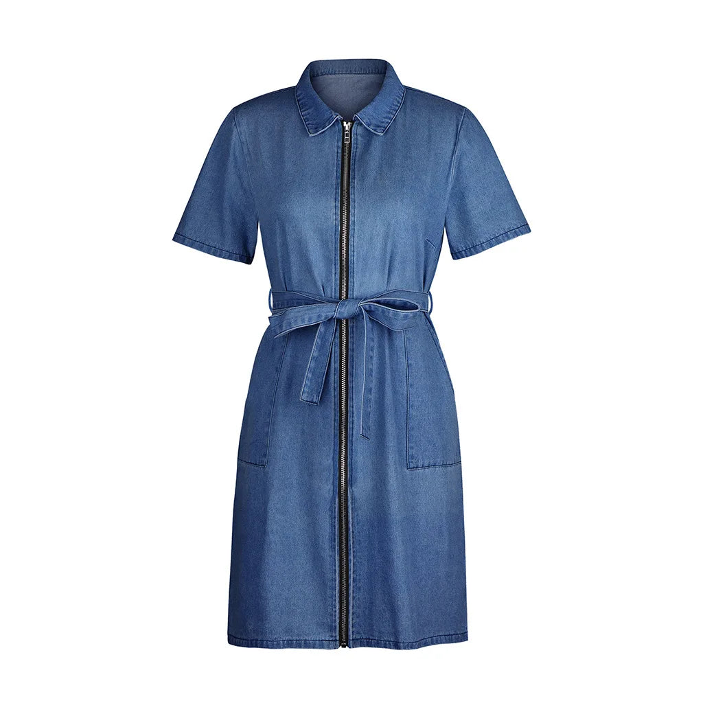 Denim Dresses Women Mini Dress Vintage Turn Down Collar Lace Up Zipper Pockets Distressed Summer Vestidos Streetwear 2025