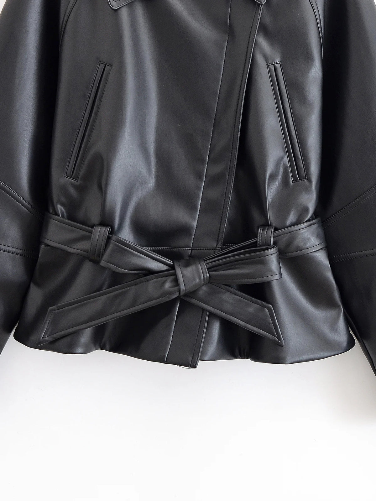 HH Women Fashion Black Short Faux Leather Trench Coat Long Sleeve Lapel Jacket With Belt Vintage Lady Motorcycle Jacket Outwear