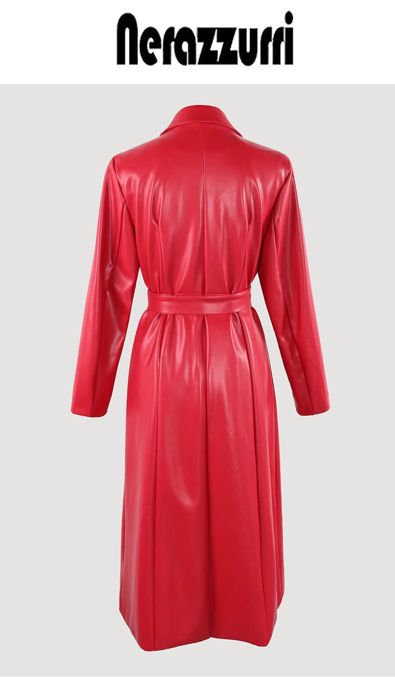 Nerazzurri Spring Autumn Long Red Soft Pu Leather Trench Coat for Women Pockets Sashes Luxury Elegant Chic Stylish Overcoat 2023
